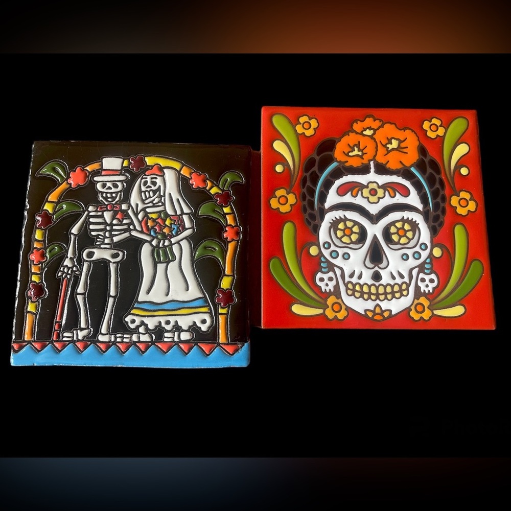 2 Talavera Mexican hand painted 6”x6” day of the dead tiles
